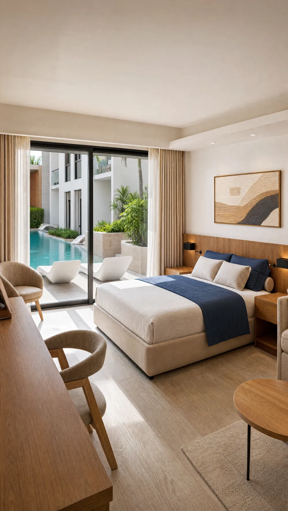 Dormitorio con vista a la piscina del complejo