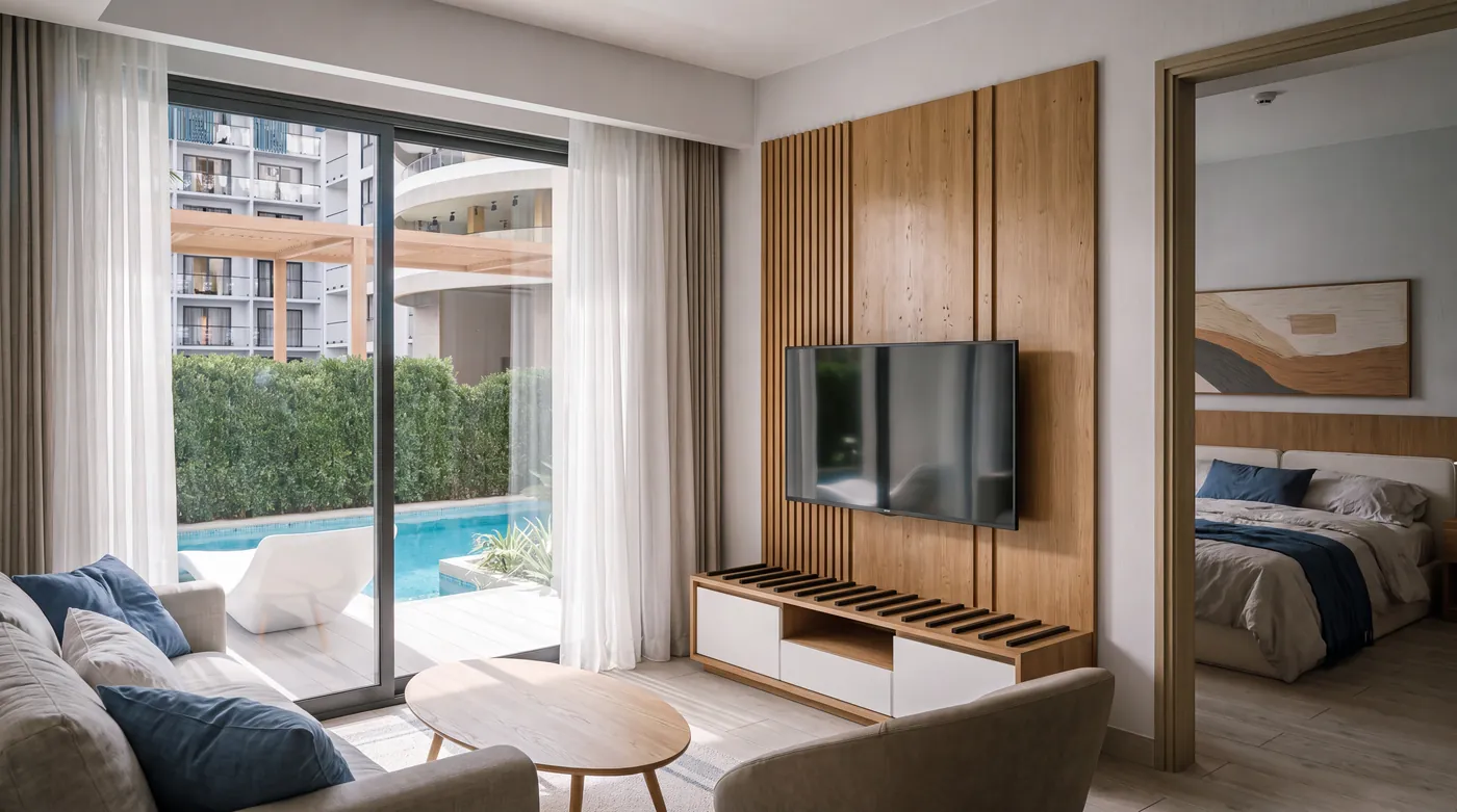 Sala con TV y vista a la piscina desde el apartamento